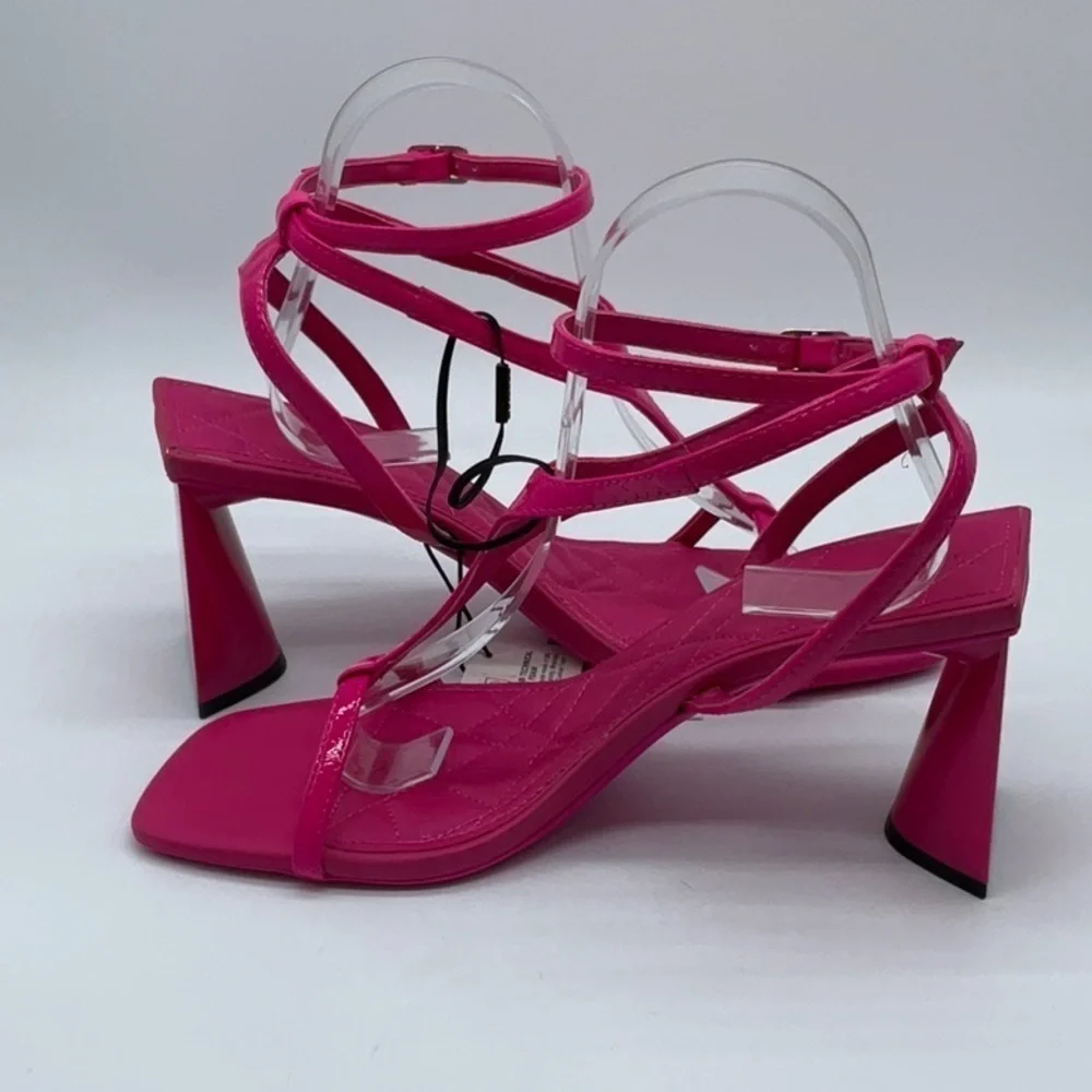 Bershka mid heel T-bar sandals in hot pink